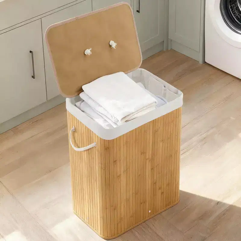 Panier à linge pliant en bambou COZONY avec couvercle, 106 L, en bois, avec doublure lavable, rangement compact pour petites chambres et dortoirs