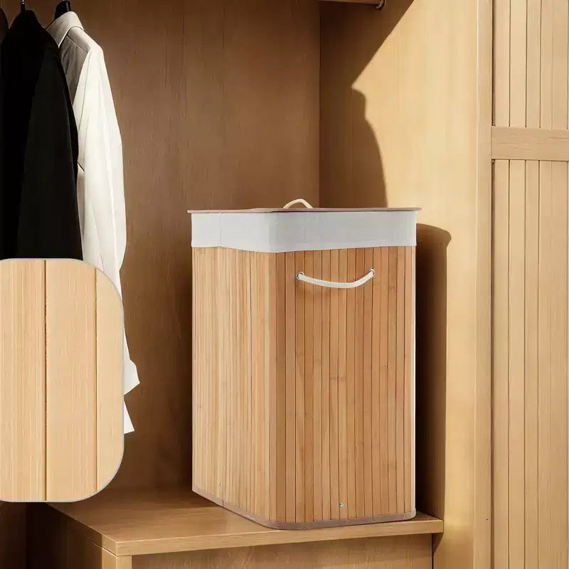 Panier à linge pliant en bambou COZONY avec couvercle, 106 L, en bois, avec doublure lavable, rangement compact pour petites chambres et dortoirs