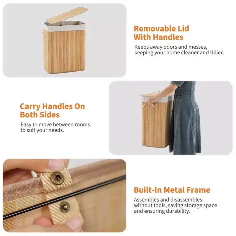 Panier à linge pliant en bambou COZONY avec couvercle, 106 L, en bois, avec doublure lavable, rangement compact pour petites chambres et dortoirs