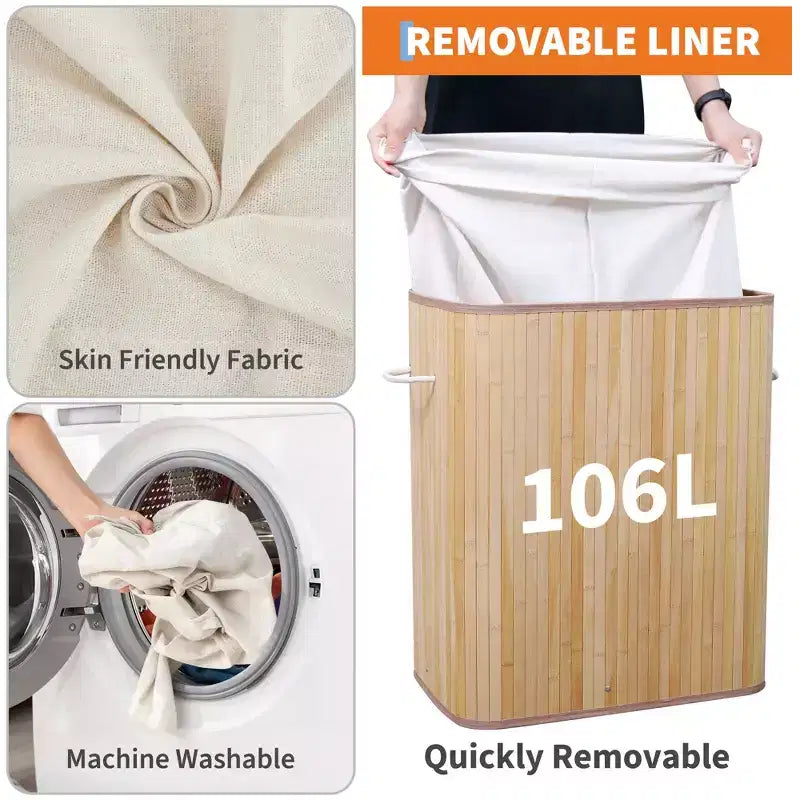 Panier à linge pliant en bambou COZONY avec couvercle, 106 L, en bois, avec doublure lavable, rangement compact pour petites chambres et dortoirs