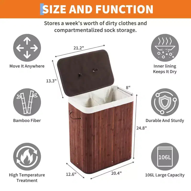 Panier à linge pliant en bambou COZONY avec couvercle, 106 L, en bois, avec doublure lavable, rangement compact pour petites chambres et dortoirs