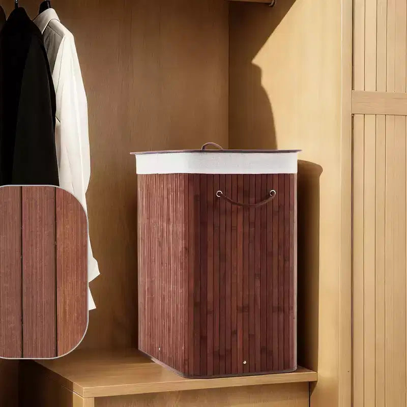 Panier à linge pliant en bambou COZONY avec couvercle, 106 L, en bois, avec doublure lavable, rangement compact pour petites chambres et dortoirs