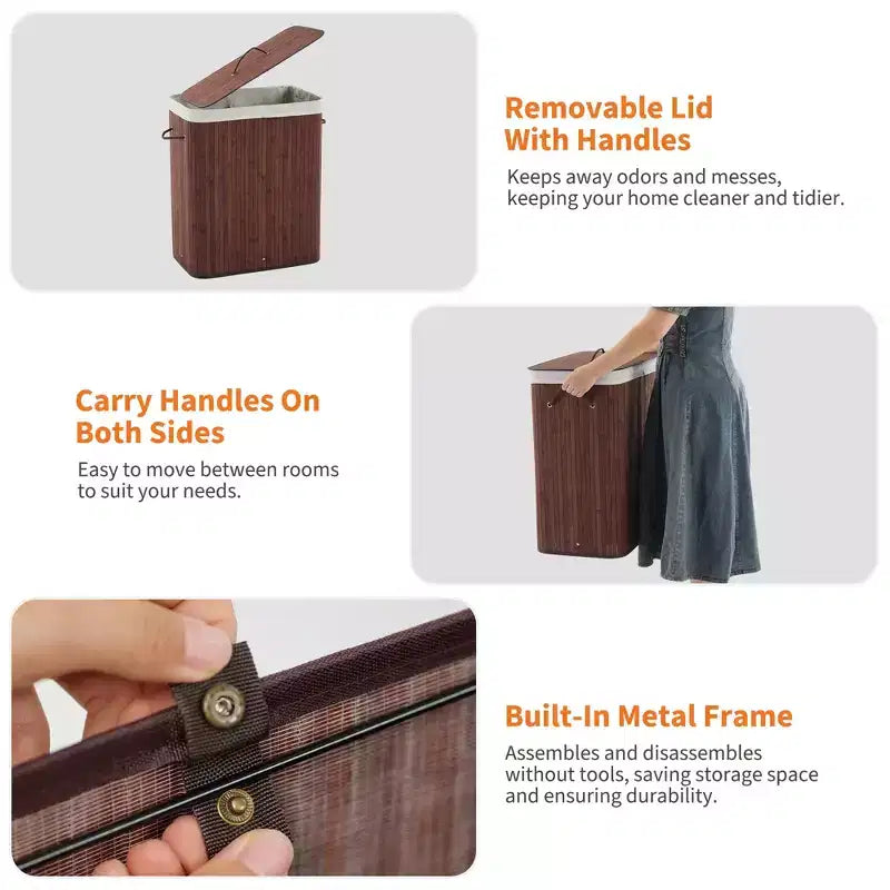 Panier à linge pliant en bambou COZONY avec couvercle, 106 L, en bois, avec doublure lavable, rangement compact pour petites chambres et dortoirs
