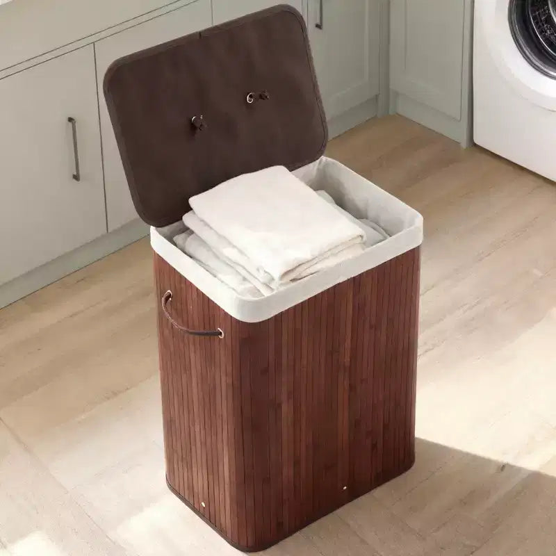 Panier à linge pliant en bambou COZONY avec couvercle, 106 L, en bois, avec doublure lavable, rangement compact pour petites chambres et dortoirs
