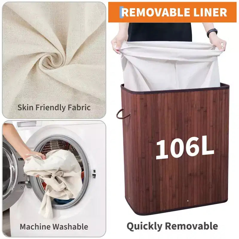 Panier à linge pliant en bambou COZONY avec couvercle, 106 L, en bois, avec doublure lavable, rangement compact pour petites chambres et dortoirs