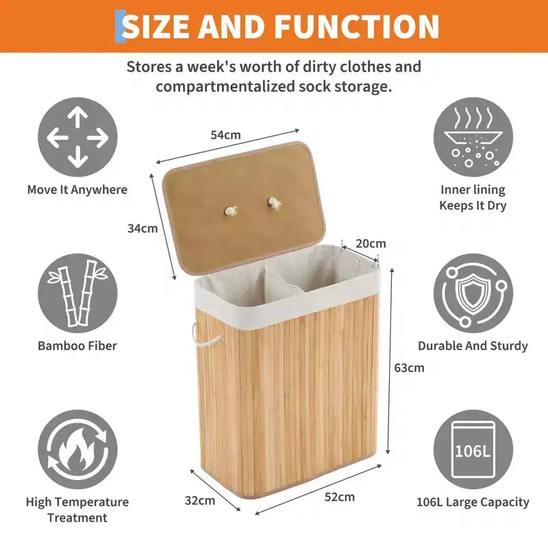 Panier à linge pliant en bambou COZONY avec couvercle, 106 L, en bois, avec doublure lavable, rangement compact pour petites chambres et dortoirs