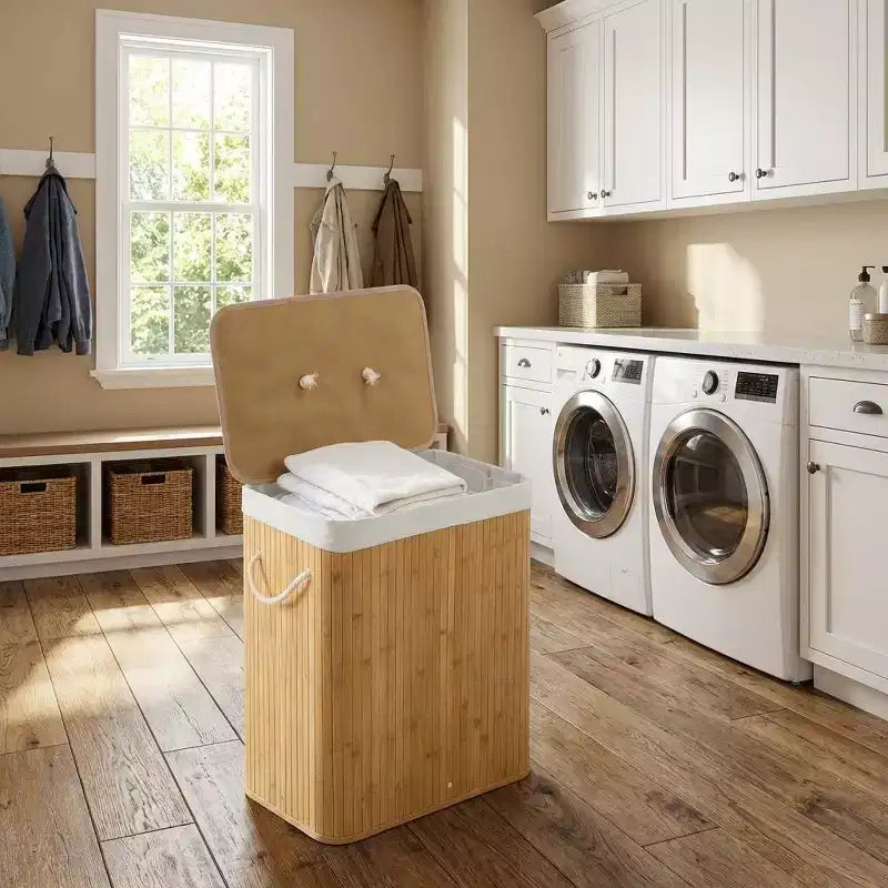 Panier à linge pliant en bambou COZONY avec couvercle, 106 L, en bois, avec doublure lavable, rangement compact pour petites chambres et dortoirs