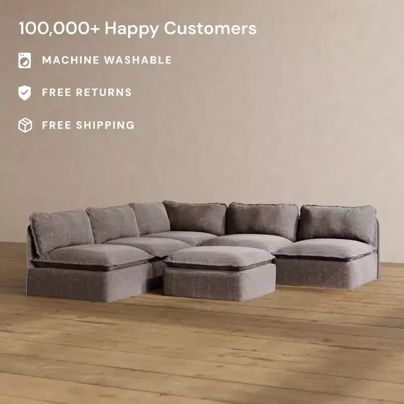 Canapé d'angle modulable lavable 5 places à extrémités ouvertes Anabei + Ottoman | Assise Memorix+ et coussin profilé