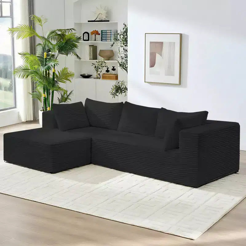 Canapé d'angle en velours côtelé surdimensionné Mjkone avec méridienne, design modulable, noir