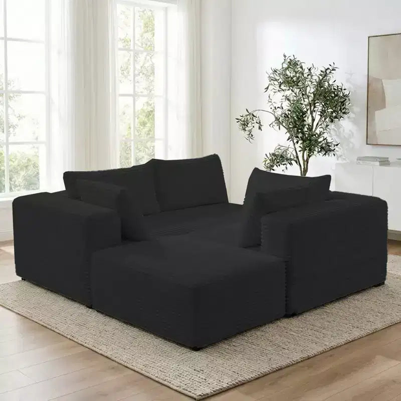 Canapé d'angle en velours côtelé surdimensionné Mjkone avec méridienne, design modulable, noir