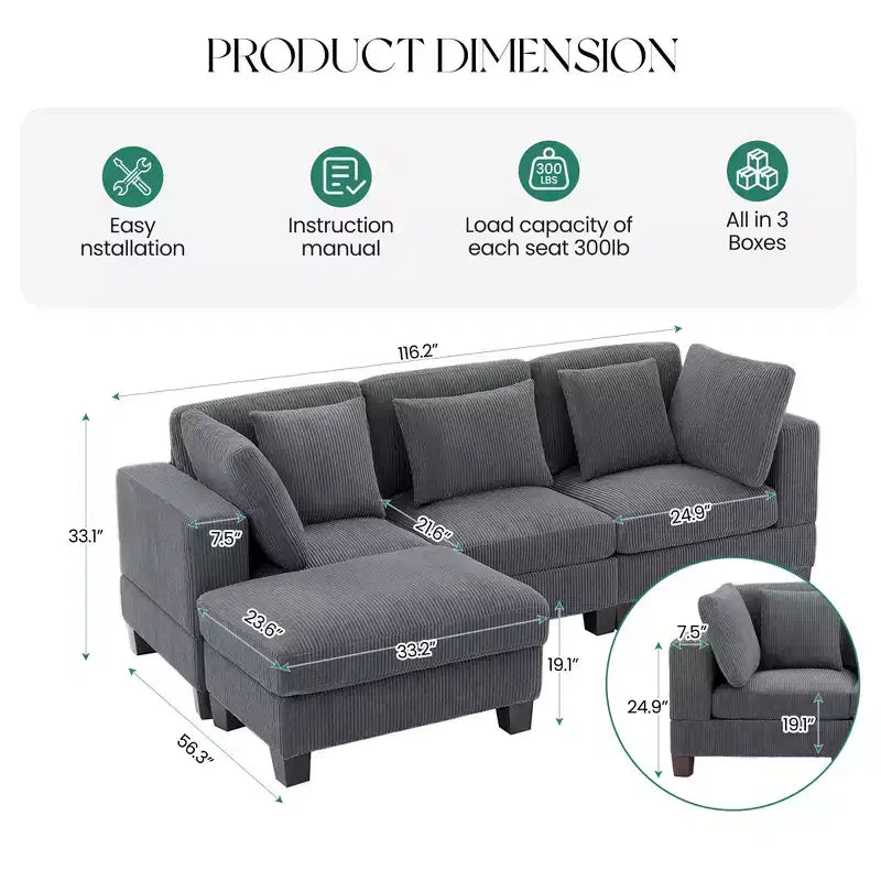 Canapé Sectionnel Modulable Convertible en Velours Côtelé avec Ottomans, Canapé Configurable pour Salon, Montage Facile