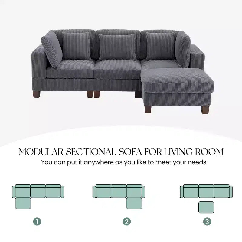Canapé Sectionnel Modulable Convertible en Velours Côtelé avec Ottomans, Canapé Configurable pour Salon, Montage Facile
