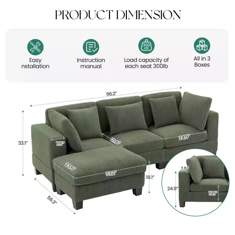 Canapé Sectionnel Modulable Convertible en Velours Côtelé avec Ottomans, Canapé Configurable pour Salon, Montage Facile