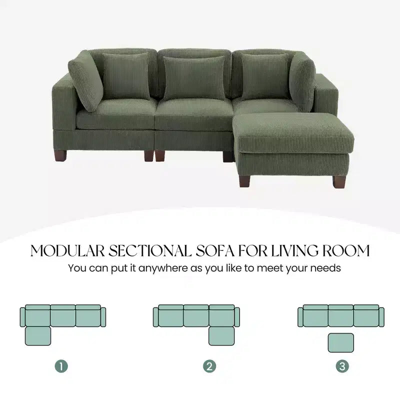 Canapé Sectionnel Modulable Convertible en Velours Côtelé avec Ottomans, Canapé Configurable pour Salon, Montage Facile