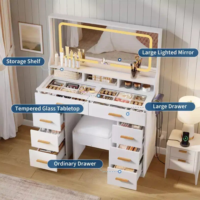 Coiffeuse 42 po avec miroir lumineux à DEL et prise de courant - Table de maquillage moderne avec 8 tiroirs, plateau en verre, tabouret rembourré et support pour sèche-cheveux