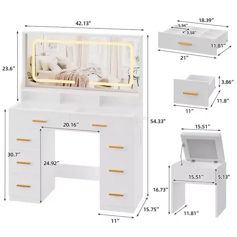 Coiffeuse 42 po avec miroir lumineux à DEL et prise de courant - Table de maquillage moderne avec 8 tiroirs, plateau en verre, tabouret rembourré et support pour sèche-cheveux
