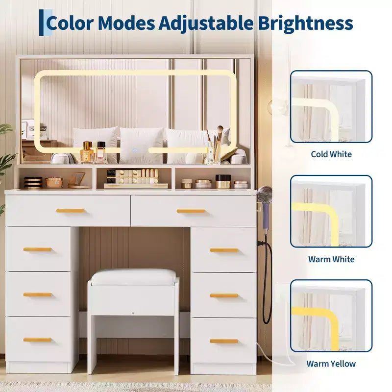 Coiffeuse 42 po avec miroir lumineux à DEL et prise de courant - Table de maquillage moderne avec 8 tiroirs, plateau en verre, tabouret rembourré et support pour sèche-cheveux