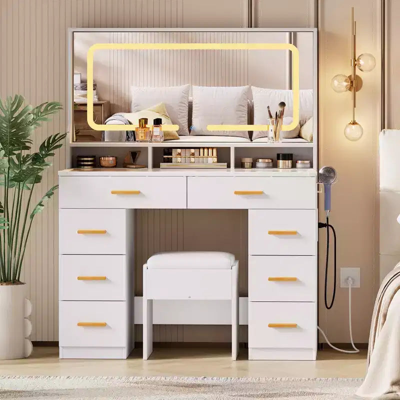 Coiffeuse 42 po avec miroir lumineux à DEL et prise de courant - Table de maquillage moderne avec 8 tiroirs, plateau en verre, tabouret rembourré et support pour sèche-cheveux