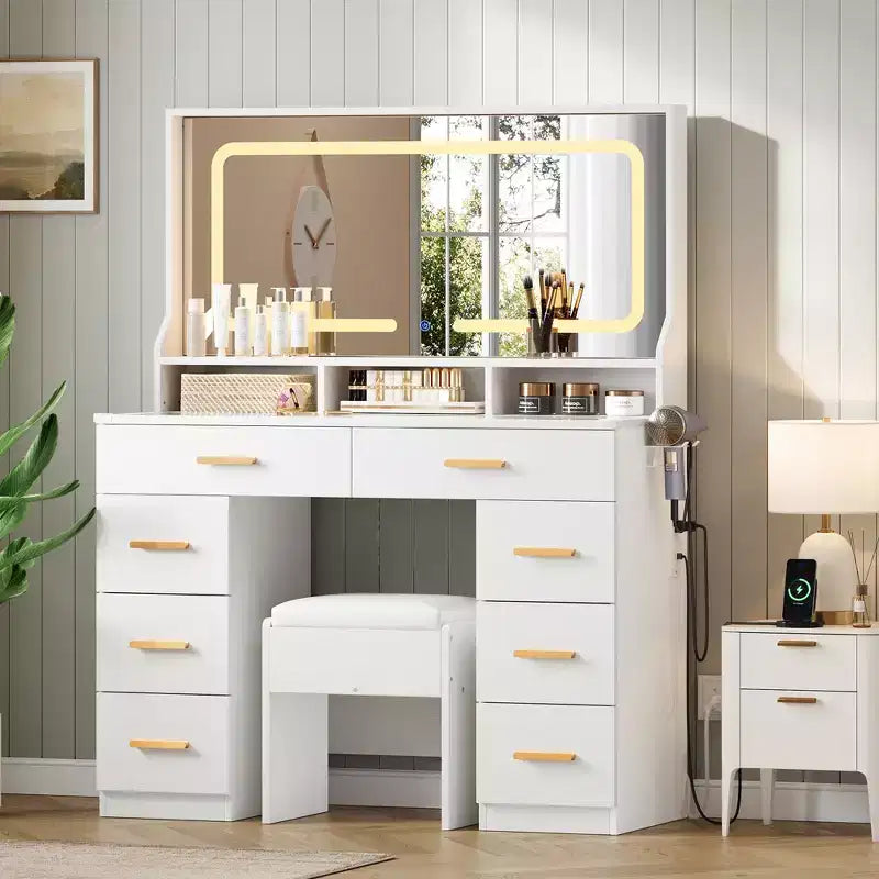 Coiffeuse 42 po avec miroir lumineux à DEL et prise de courant - Table de maquillage moderne avec 8 tiroirs, plateau en verre, tabouret rembourré et support pour sèche-cheveux