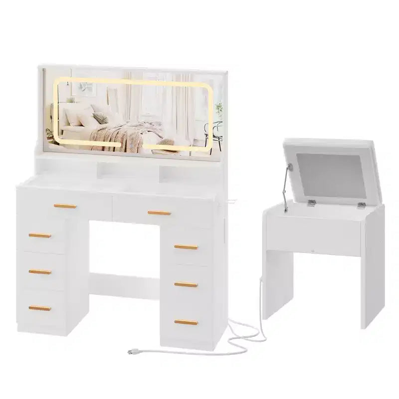 Coiffeuse 42 po avec miroir lumineux à DEL et prise de courant - Table de maquillage moderne avec 8 tiroirs, plateau en verre, tabouret rembourré et support pour sèche-cheveux