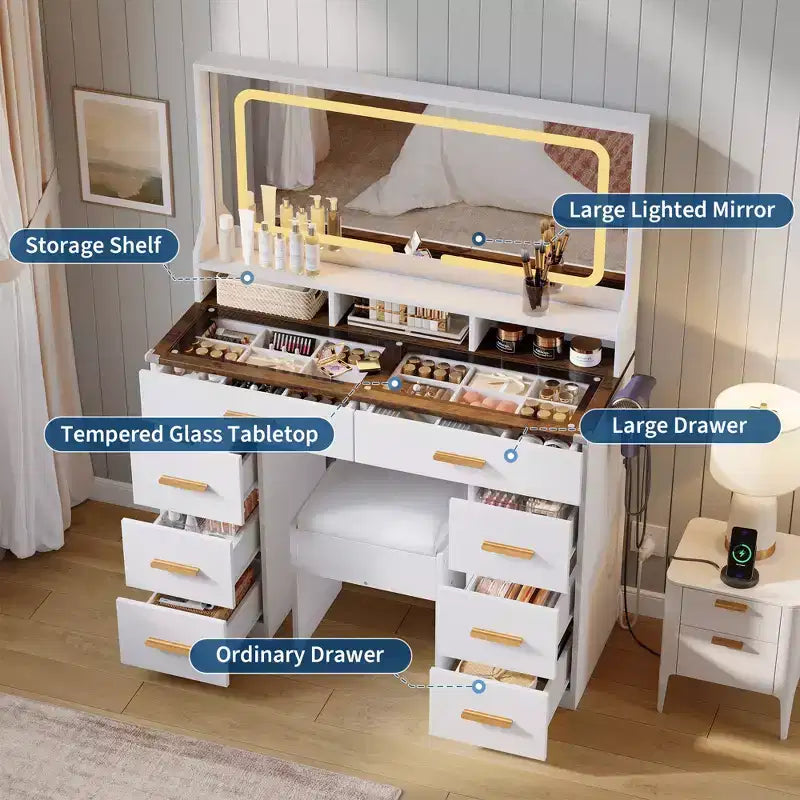 Coiffeuse 42 po avec miroir lumineux à DEL et prise de courant - Table de maquillage moderne avec 8 tiroirs, plateau en verre, tabouret rembourré et support pour sèche-cheveux