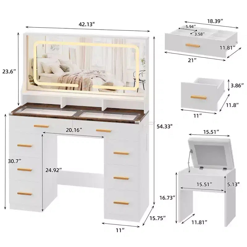 Coiffeuse 42 po avec miroir lumineux à DEL et prise de courant - Table de maquillage moderne avec 8 tiroirs, plateau en verre, tabouret rembourré et support pour sèche-cheveux