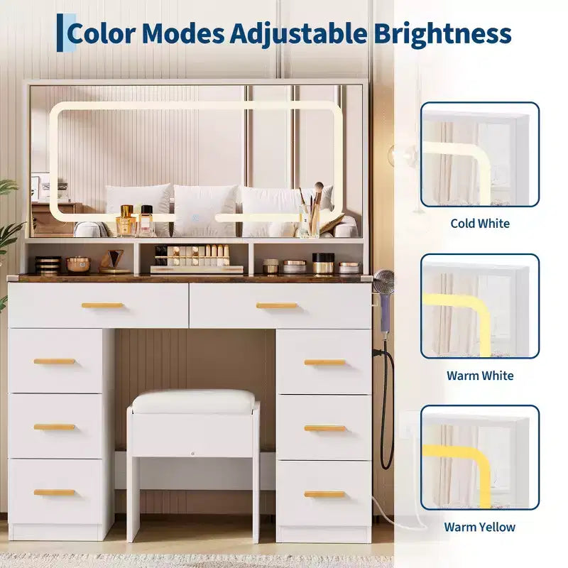 Coiffeuse 42 po avec miroir lumineux à DEL et prise de courant - Table de maquillage moderne avec 8 tiroirs, plateau en verre, tabouret rembourré et support pour sèche-cheveux