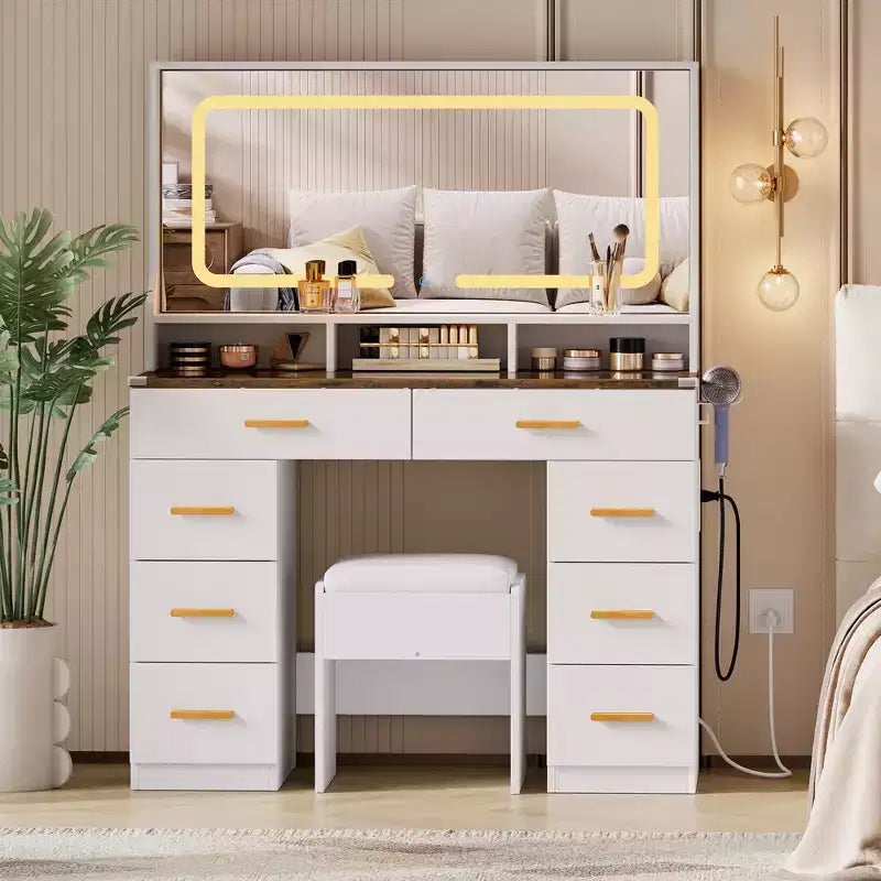 Coiffeuse 42 po avec miroir lumineux à DEL et prise de courant - Table de maquillage moderne avec 8 tiroirs, plateau en verre, tabouret rembourré et support pour sèche-cheveux