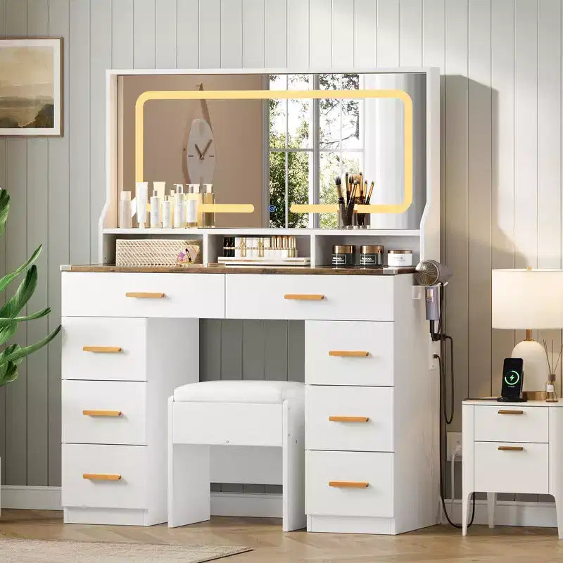 Coiffeuse 42 po avec miroir lumineux à DEL et prise de courant - Table de maquillage moderne avec 8 tiroirs, plateau en verre, tabouret rembourré et support pour sèche-cheveux