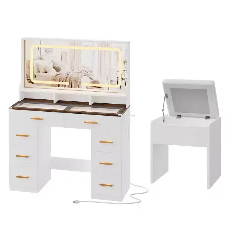 Coiffeuse 42 po avec miroir lumineux à DEL et prise de courant - Table de maquillage moderne avec 8 tiroirs, plateau en verre, tabouret rembourré et support pour sèche-cheveux