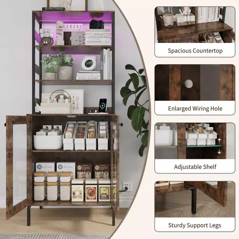 Meuble haut de bar à café de 67 pouces avec lumières LED RGB synchronisées à la musique et prise de courant - Étagère de boulangerie de cuisine avec portes en verre et étagères réglables
