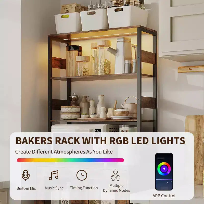 Meuble haut de bar à café de 67 pouces avec lumières LED RGB synchronisées à la musique et prise de courant - Étagère de boulangerie de cuisine avec portes en verre et étagères réglables