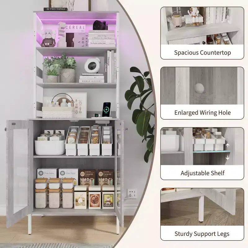 Meuble haut de bar à café de 67 pouces avec lumières LED RGB synchronisées à la musique et prise de courant - Étagère de boulangerie de cuisine avec portes en verre et étagères réglables