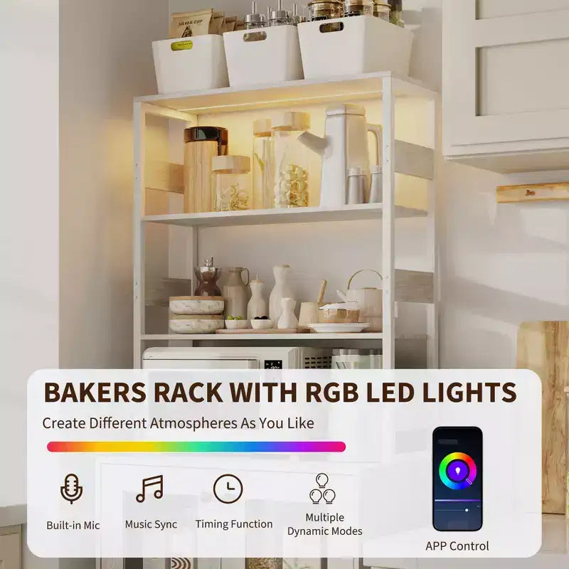 Meuble haut de bar à café de 67 pouces avec lumières LED RGB synchronisées à la musique et prise de courant - Étagère de boulangerie de cuisine avec portes en verre et étagères réglables
