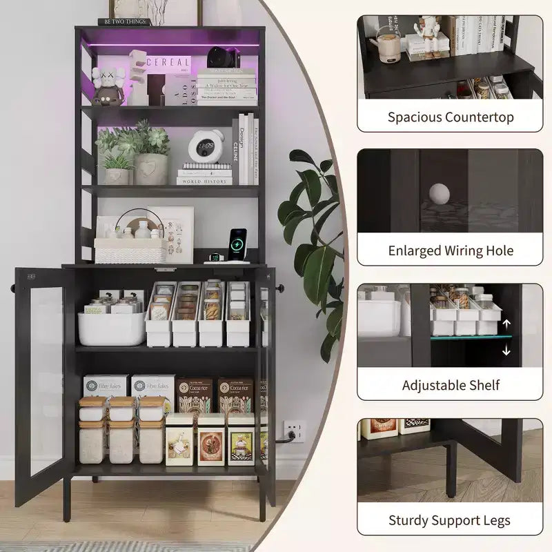 Meuble haut de bar à café de 67 pouces avec lumières LED RGB synchronisées à la musique et prise de courant - Étagère de boulangerie de cuisine avec portes en verre et étagères réglables