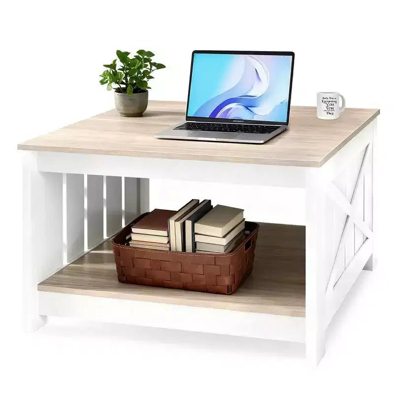 Table basse carrée de style champêtre JIONJOY avec rangement semi-ouvert, table basse rustique pour petits espaces de salon