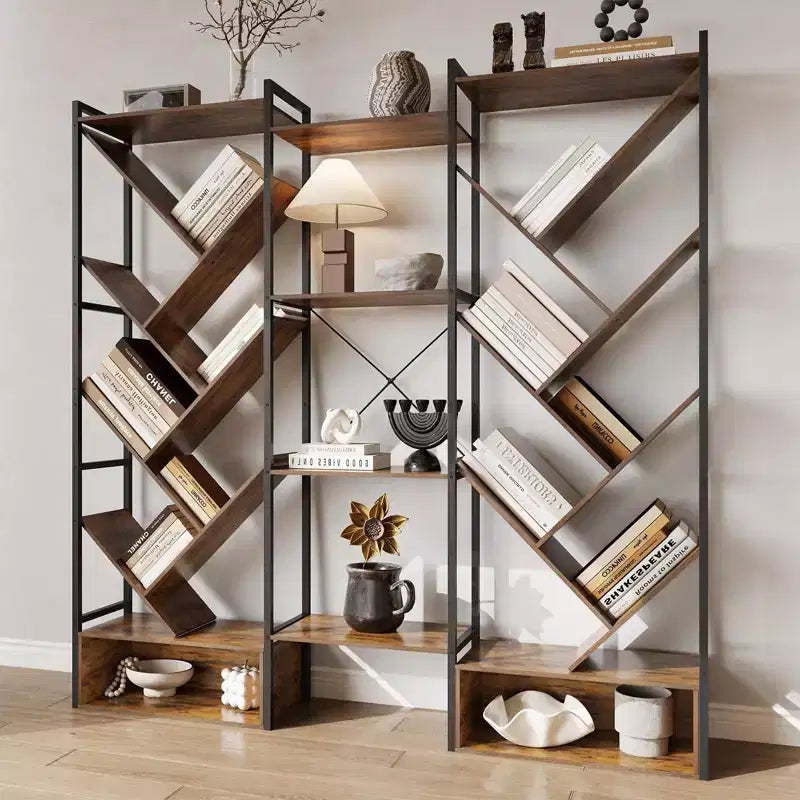 Étagère à livres à 6 niveaux, grande bibliothèque industrielle avec 24 étagères de présentation ouvertes, bibliothèque arbre industrielle, haute étagère en bois sur pied