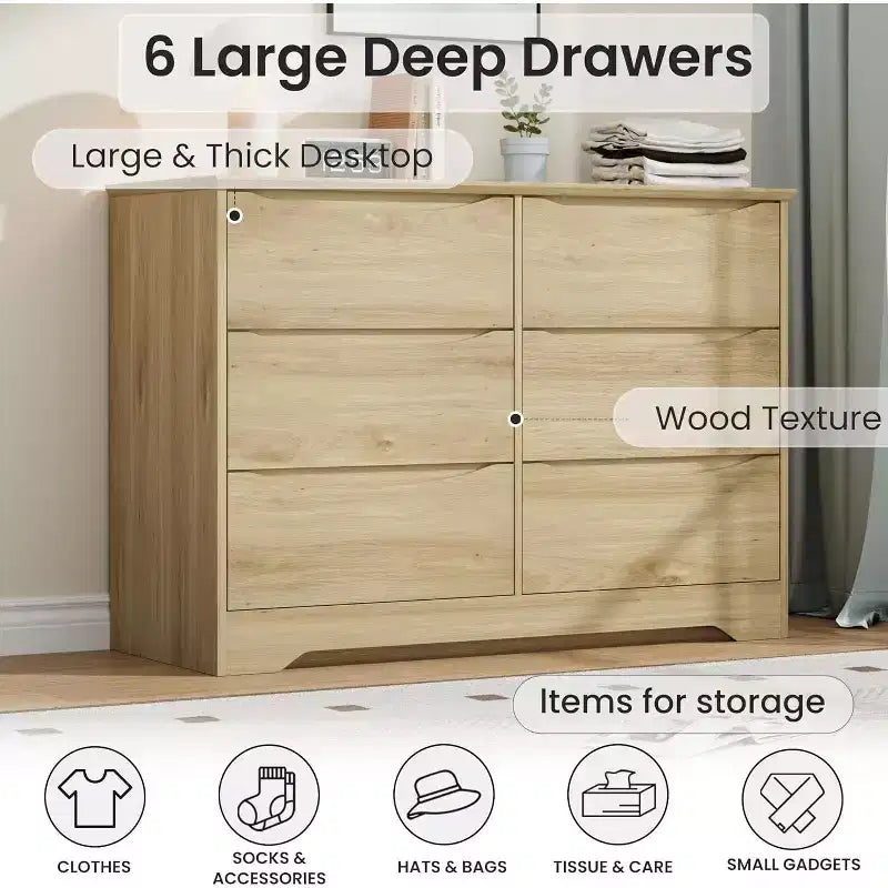 Commode en bois avec 6 tiroirs, commode de rangement longue, meuble de rangement moderne, pour chambre à coucher, salon