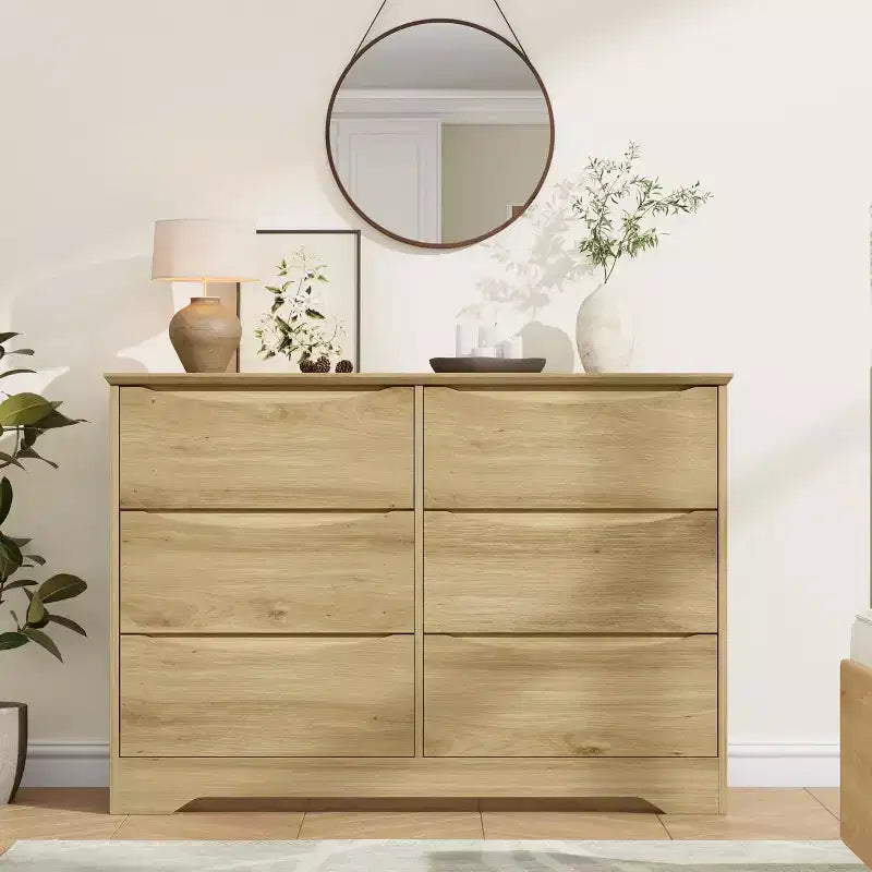 Wooden Dresser with 6 Drawers, Long Storage Dresser, Modern Closet, for Bedroom, Living Room