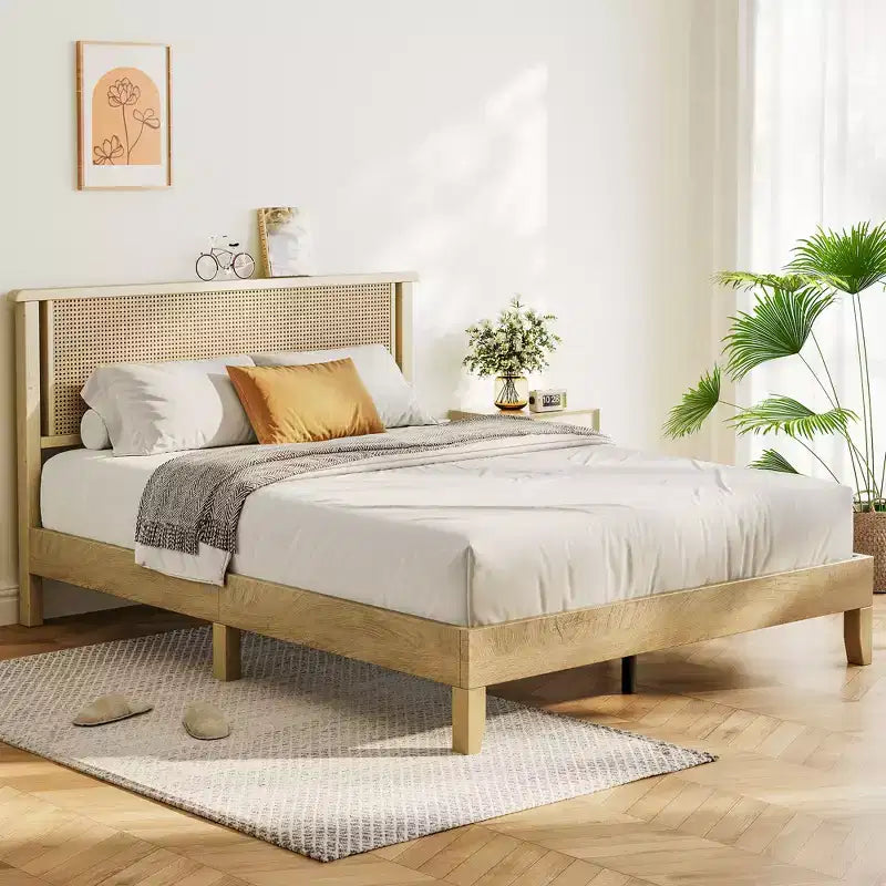 Cadre de lit Queen en bois Dyonery, lit plateforme avec tête de lit haute, support à lattes en bois massif, fondation de matelas silencieuse, pas besoin de sommier tapissier