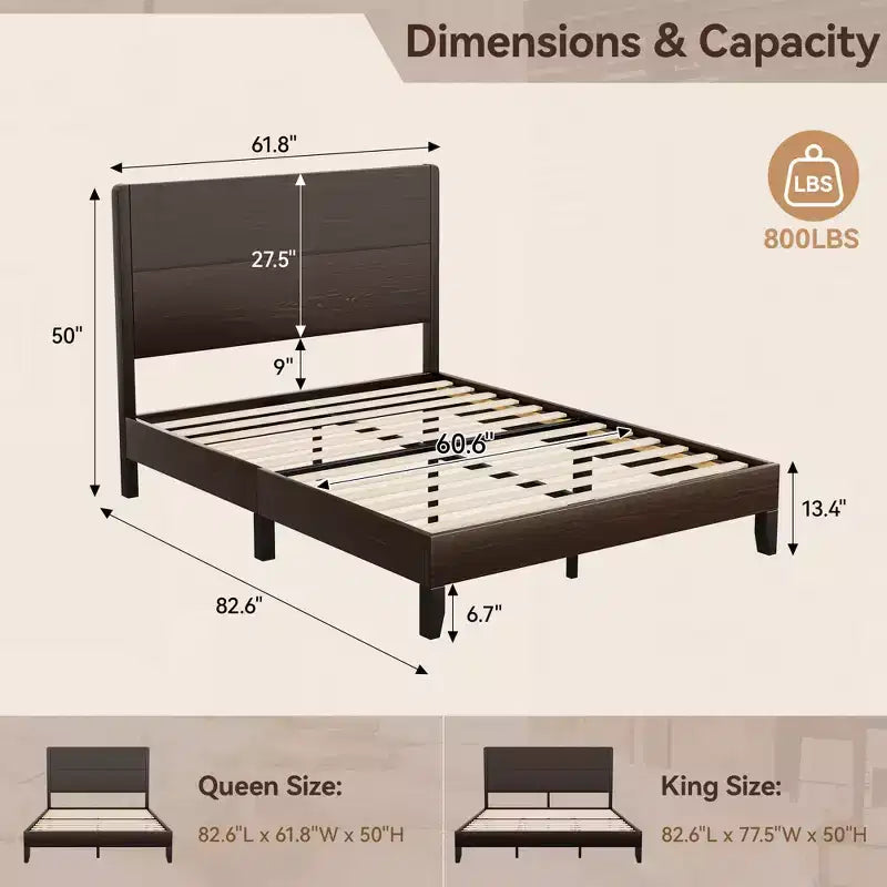 Cadre de lit Queen en bois Dyonery, lit plateforme avec tête de lit haute, support à lattes en bois massif, fondation de matelas silencieuse, pas besoin de sommier tapissier