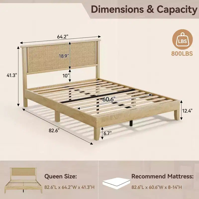 Cadre de lit Queen en bois Dyonery, lit plateforme avec tête de lit haute, support à lattes en bois massif, fondation de matelas silencieuse, pas besoin de sommier tapissier