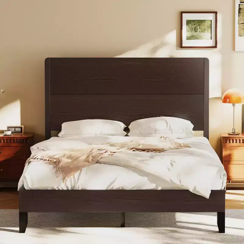Dyonery Wood Queen Bed Frame, Platform Bed with Tall Headboard, Solid Wood Slat Support, Noise-Free Mattress Foundation, No Box Spring Needed