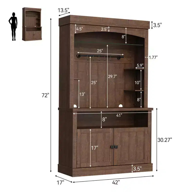 Meuble de bar à café 72" style ferme avec éclairage LED - Grand buffet avec porte-bouteilles et étagère en verre, support pour micro-ondes, garde-manger pour cuisine/salle à manger