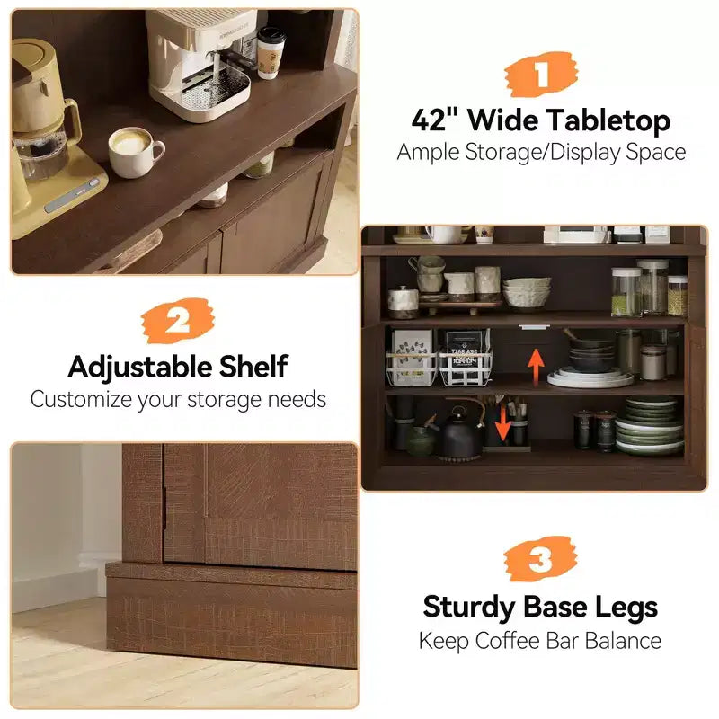 Meuble de bar à café 72" style ferme avec éclairage LED - Grand buffet avec porte-bouteilles et étagère en verre, support pour micro-ondes, garde-manger pour cuisine/salle à manger
