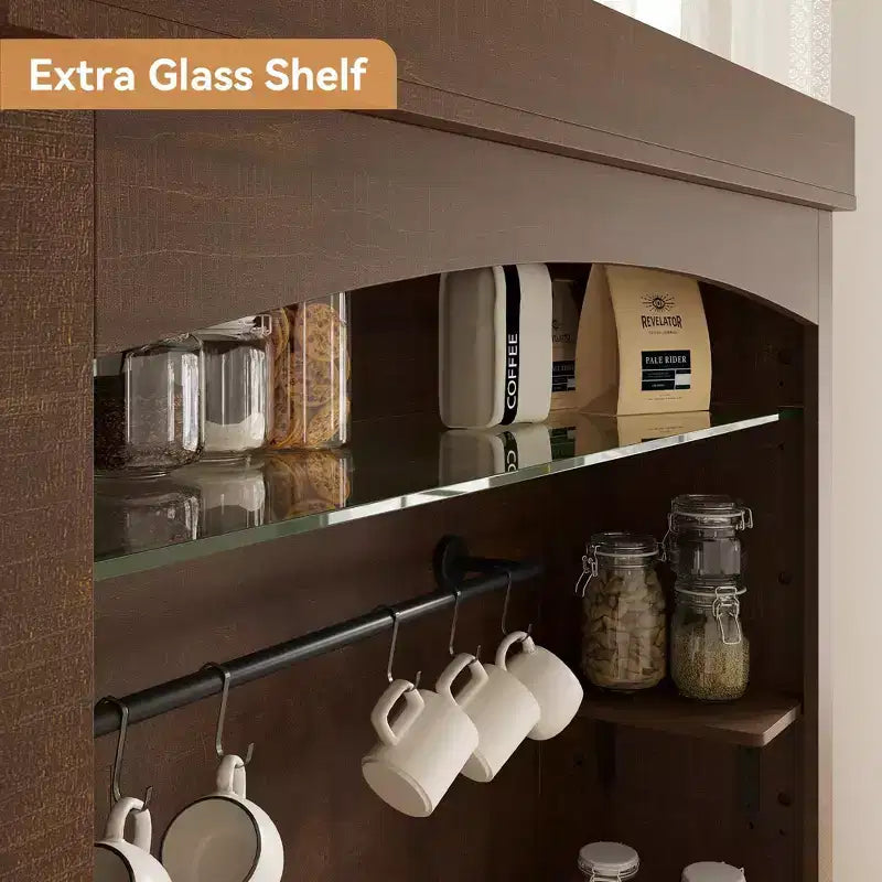 Meuble de bar à café 72" style ferme avec éclairage LED - Grand buffet avec porte-bouteilles et étagère en verre, support pour micro-ondes, garde-manger pour cuisine/salle à manger