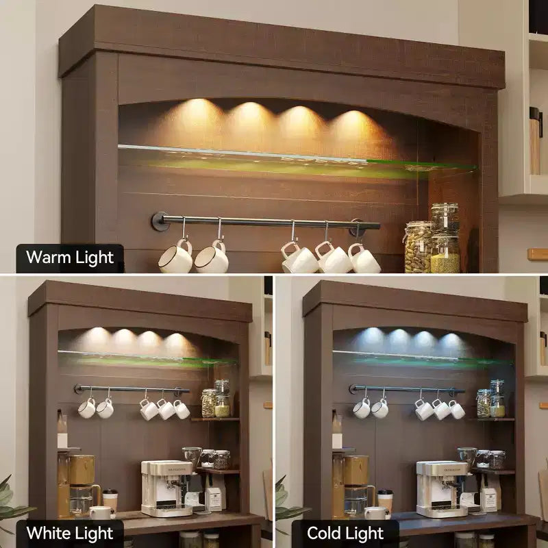 Meuble de bar à café 72" style ferme avec éclairage LED - Grand buffet avec porte-bouteilles et étagère en verre, support pour micro-ondes, garde-manger pour cuisine/salle à manger