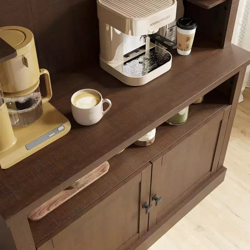 Meuble de bar à café 72" style ferme avec éclairage LED - Grand buffet avec porte-bouteilles et étagère en verre, support pour micro-ondes, garde-manger pour cuisine/salle à manger