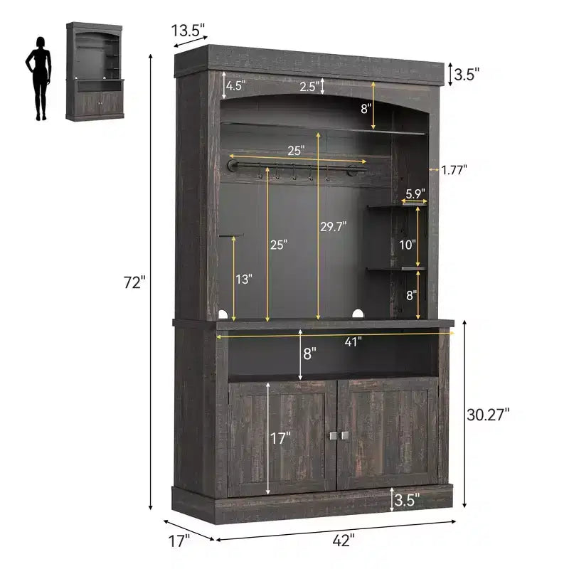 Meuble de bar à café 72" style ferme avec éclairage LED - Grand buffet avec porte-bouteilles et étagère en verre, support pour micro-ondes, garde-manger pour cuisine/salle à manger