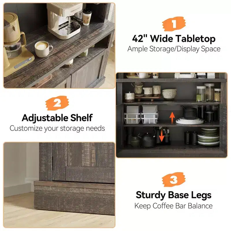 Meuble de bar à café 72" style ferme avec éclairage LED - Grand buffet avec porte-bouteilles et étagère en verre, support pour micro-ondes, garde-manger pour cuisine/salle à manger